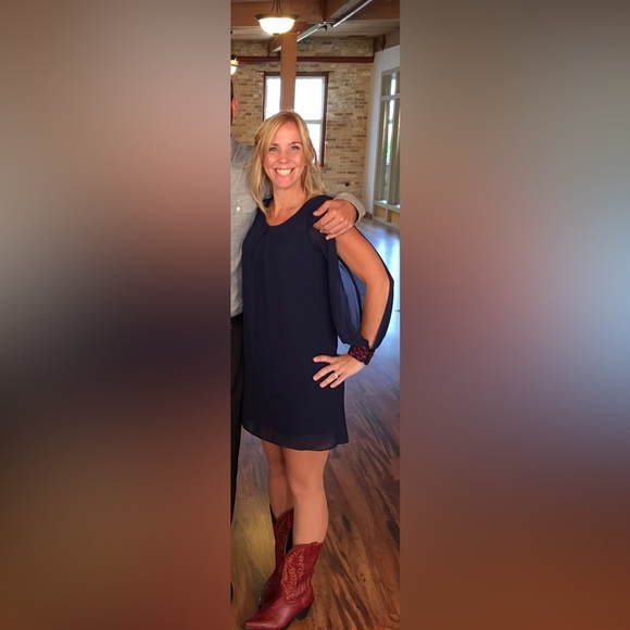 BCX Navy Blue dress with open arm sleeves and beading on cuffs. Size small. - Picture 1 of 8